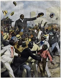 Boxer Jack Johnson kam 1910 in Chicago an. Illustration von Achille Beltrame für La Domenica del Corriere.