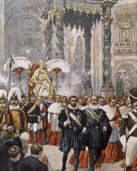 Krönung von Papst Pius X. im Petersdom, Vatikan, Illustration von Achille Beltrame aus La Domenica del Corriere