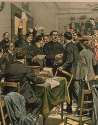 Titelillustration von Maxim Gorkys Ankunft bei einem Treffen russischer Revolutionäre; London, England