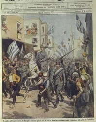 Titelillustration der siegreichen griechischen Armee beim Einzug in Thessaloniki während des Niedergangs des türkischen Reiches