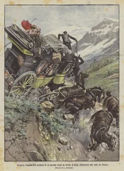 Schweizer Kutsche stürzt in eine Schlucht entlang der Straße von Briga (Simplon) ins Rhonetal