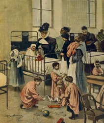 Verteilung von Weihnachtsgeschenken an arme Kinder im Krankenhaus, Illustration von Achille Beltrame