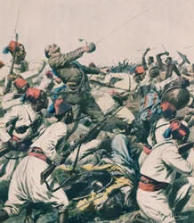 Äthiopischer Angriff auf die Garnison von Lugh und Tötung von Hauptmann Bongiovanni, von Achille Beltrame, Illustration, Achille Beltrame (1871-1945), aus La Domenica del Corriere