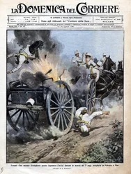 Explosion einer Artilleriekiste in der Nähe von Capannori (Lucca) während des Transfers des 7. Artillerieregiments von Volterra nach Pisa. Illustration von Beltrame. „La Domenica del Corriere“. 15-23/08/1909