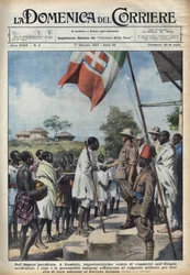 Faschismus 1937: Treffen in Gambela, dem Handelszentrum des äthiopischen Reiches, von einheimischen Häuptlingen und Persönlichkeiten, um einen Akt der Zugehörigkeit zur italienischen Regierung zu machen. Illustration von Achille Beltrame in „La domenica de