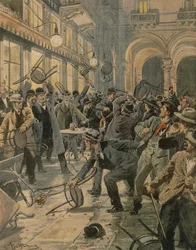 Generalstreik der Arbeiter in Mailand, Unruhen in der Galleria Vittorio Emanuele II, von Achille Beltrame, Illustration, Illustrator Achille Beltrame (1871-1945), aus La Domenica del Corriere