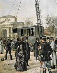 Guglielmo Marconi beobachtet in Mailand den Test der ersten mobilen Radiostation. Illustration von Achille Beltrame für „Domenica del Corriere“ (1906). Gravur