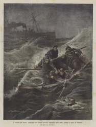 Die Dramen des Meeres, Rettungsboot mit fünf Matrosen von den Wellen verschlungen, bei dem Hafen von Venedig