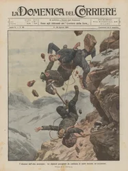 Die Dramen des Hochgebirges, drei Bergsteiger stürzen während eines Aufstiegs hunderte Meter in die Tiefe