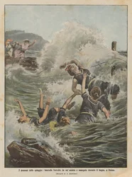 Die Dramen der Strände, Mädchen werden von einer Welle erfasst und ertrinken beim Baden in Osimo