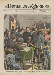 Die russischen Revolutionäre versammeln sich in London, die Ankunft von Maxim Gorki im Versammlungssaal