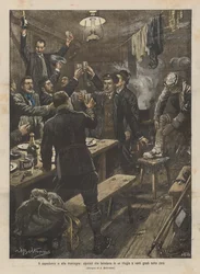 Neujahr in den hohen Bergen, Bergsteiger, die in einer Hütte bei zwanzig Grad unter Null anstoßen