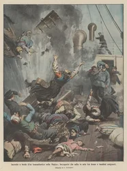 Feuer an Bord eines Transatlantikliners im Ärmelkanal, ein Lukendeckel explodiert zwischen Frauen und Kindern, die auswandern