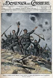 Italienische Armee siegreich über die österreichisch-ungarischen Truppen in den Karstbergen in Slowenien. Die Italiener rückten somit in Richtung Triest vor. Ill. von Beltrame. La Domenica del Corriere. 06/1917