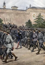 Italiens neue Milizen: Freiwillige in Zivilkleidung während einer Militärparade am 11. November in Mailand. Ill. von Beltrame. La Domenica del Corriere. 11/1914