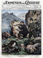 König von Italien Viktor Emanuel III. (Vittorio Emanuele) mit Prinz Albert I. von Monaco bei der Jagd auf den Steinbock. Titelblatt der Domenica del Corriere vom 14. August 1910