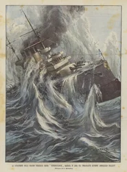 Die Katastrophe des großen russischen Schlachtschiffs Petropavlovsk, das mit dem Oberbefehlshaber Admiral Makarov in die Luft gesprengt wurde