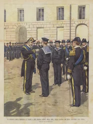 Die Verleihung der Tapferkeitsmedaille an zwei Matrosen, die aus China zurückgekehrt sind, in der Kaserne der königlichen Besatzungen in La Spezia