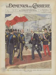 Der Besuch des Präsidenten Loubet beim Herzog von Genua an Bord der Lepanto in den Gewässern von Toulon am 10. April