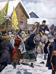 Der Aberglaube in Russland: Die Polizei versucht, die Sekte der neuen Christen zu zerstreuen. Illustration von Beltrame. La Domenica del corriere. 1901.