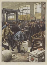 Die Druckerei einer reaktionären russischen Zeitung von revolutionären Arbeitern besetzt, um dort ihre eigenen Drucke zu machen
