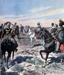 Le capitaine Mozzetti sur le camp du Ras Makonnen (Mekonnen Welde Mikael) (Abba Qagnew) (1852-1906) en Ethiopie. Illustration von Beltrame. La Domenica del corriere. 1899