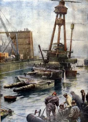 Das deutsche Schlachtschiff Hindenburg, das in Scapa Flow in Schottland gesunken ist, taucht nach 7 Jahren am Meeresgrund dank der englischen Flotte wieder auf (Illustration von Beltrame, La Domenica del Corriere)