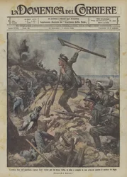 Das heldenhafte Ende des verstümmelten Enrico Toti, der sich nach der dritten Verwundung erhebt und seine