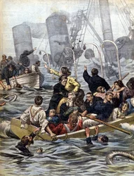 Die maritimen Dramen: Der Untergang des Dampfschiffs Wallawalla, beladen mit Goldsuchern aus dem Klondike (Illustration von Beltrame, La Domenica del Corriere, 1902)