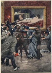 Mary Richardson (1889-1961), kanadische Suffragettenaktivistin, zerschneidet in einem Saal der National Gallery in London mit einem Messer das Gemälde „Die Venus vor dem Spiegel“ des Malers Don Diego Velázquez. Illustration von Achille Beltrame für „La