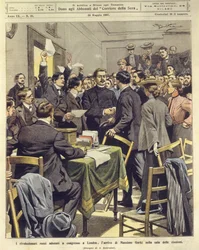 Maxim Gorkys Ankunft bei einem Treffen russischer Revolutionäre in London, 26. Mai