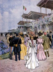 Mailand: Pferderennen auf der Rennbahn von San Siro: Übergabe des Handelspreises (Premio del commercio). Illustration von Beltrame. La Domenica del Corriere. 1899
