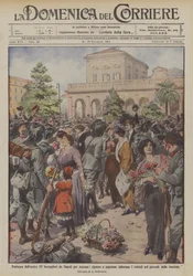 Abreise des heldenhaften II. Bersaglieri von Neapel nach Ancona, Damen und Frauen schmücken die Soldaten mit Blumen