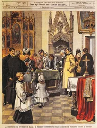 Öffentliche Petition gegen die Scheidung in der Sakristei, von Achille Beltrame, Illustration, Illustrator Achille Beltrame (1871-1945), aus La Domenica del Corriere, 9. Februar 1902