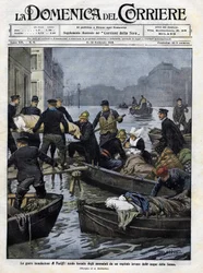 Rettung der Kranken in Paris während der Überschwemmungen im Februar 1910. Titelbild der „Domenica del Corriere“. Illustration von Achille Beltrame, 13. Februar 1910