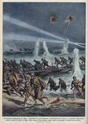 Zweiter Chinesisch-Japanischer Krieg (1937-1945): „Die japanische Armee überquert den Huto-Fluss in der Nähe von Pingshang unter chinesischem Bombardement.“ Illustration von Achille Beltrame aus „La domenica del corriere“ vom 17.10.1937.