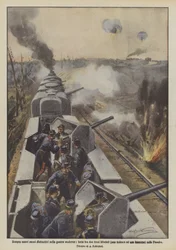 Immer neue zerstörerische Mittel im modernen Krieg, Kampf zwischen zwei gepanzerten Zügen (einer deutsch, einer französisch) in Flandern