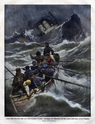 Untergang eines italienischen Bootes vor der Küste der Toskana im Jahr 1910. Illustration von Achilles Beltrame