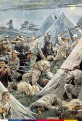 Südafrika. Zweiter Burenkrieg. Angriff auf das englische Lager von Tweefontein (1902). Illustration von Achille Beltrame. Stich.