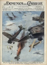 Spanischer Bürgerkrieg: Luftkämpfe zwischen republikanischen und nationalistischen Flugzeugen über dem kriegsgebeutelten Spanien. Illustration von Achille Beltrame in „La domenica del Corriere“ vom 20.06.1937.