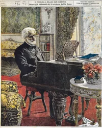Der italienische Komponist Giuseppe Verdi in seinem Arbeitszimmer, Platte von Achille Beltrame (1871-1945), La Domenica del Corriere, 8. Oktober