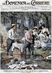Der Präsident der Vereinigten Staaten Theodore Roosevelt (1858 - 1919) lehrte seine Söhne die Pflichten eines Mannes der guten Gesellschaft, indem er ihnen während eines Picknicks in seiner zweiten Residenz in Oister Bay das Bein abschnitt. Illustration vo