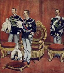 Die Vereidigung von König Vittorio Emanuele III im Senatssaal in Rom, von Achille Beltrame (1871-1945), aus La Domenica del Corriere
