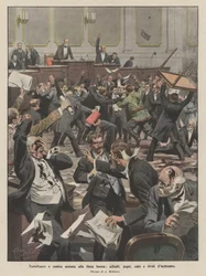 Tumultartige und komische Szene im böhmischen Landtag, Ohrfeigen, Schläge, Tritte und Tintenströme