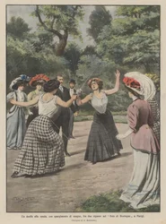 Ein Duell mit dem Schwert, mit Blutvergießen, zwischen zwei Damen im Bois de Boulogne in Paris