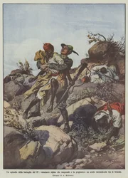 Ein Vorfall der Schlacht vom 27., ein freiwilliger Alpini überrascht und nimmt einen Araber gefangen