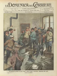 Eine Überschwemmung durch starke Regenfälle und Hochwasser in St. Petersburg, Überflutung der Schulen