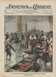 Venedig überflutet durch die Flut, provisorische Brücken und Boote auf dem Markusplatz