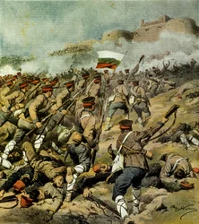 Krieg der fünf Nationen, die bulgarische Armee rückt auf Adrianopel vor, nimmt Kirk Kilisse ein und erbeutet beeindruckende militärische Beute, Illustration aus La Domenica del Corriere, 3. November 1912