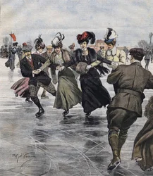 Wintervergnügen. Schlittschuhläufer. Illustration von Achille Beltrame im Jahr 1907.